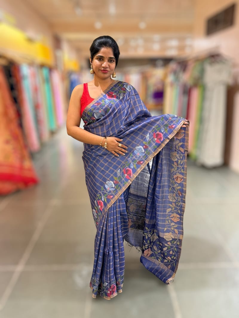 Cobalt Blue pure handloom Tussar Vintage Checks Saree with Jamdani inspired embroidered border SS50467