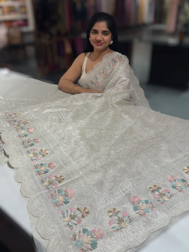 Silver Glass Organza Saree with allover embroidery SS50548