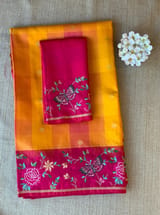 Mustard checks vintage style Kanchi Soft Silk Saree with petite point embroidered border SS50132
