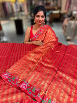 Orangish Red Banarasi Tissue stripes Saree with petite point embroidery SS50214