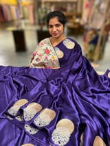 Brinjal Pure Satin Saree with embroidered border and blouse SS5022