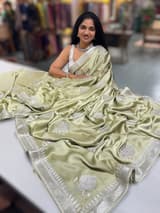 Light Pista Pure Satin Saree with Embroidery. SS5031
