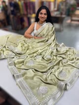 Light Pista Pure Satin Saree with Embroidery. SS5031