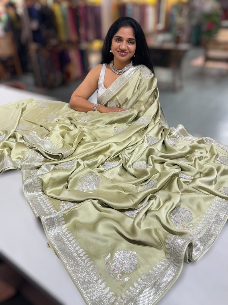 Light Pista Pure Satin Saree with Embroidery. SS5031