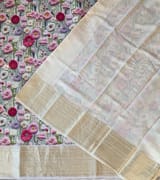 Ivory Pure Handloom Chiniya Silk Saree with stunning Floral Print and zari borders SS5097
