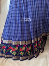 Midnight Blue Vintage checks Kanjeevaram soft silk saree with embroidery D62F040