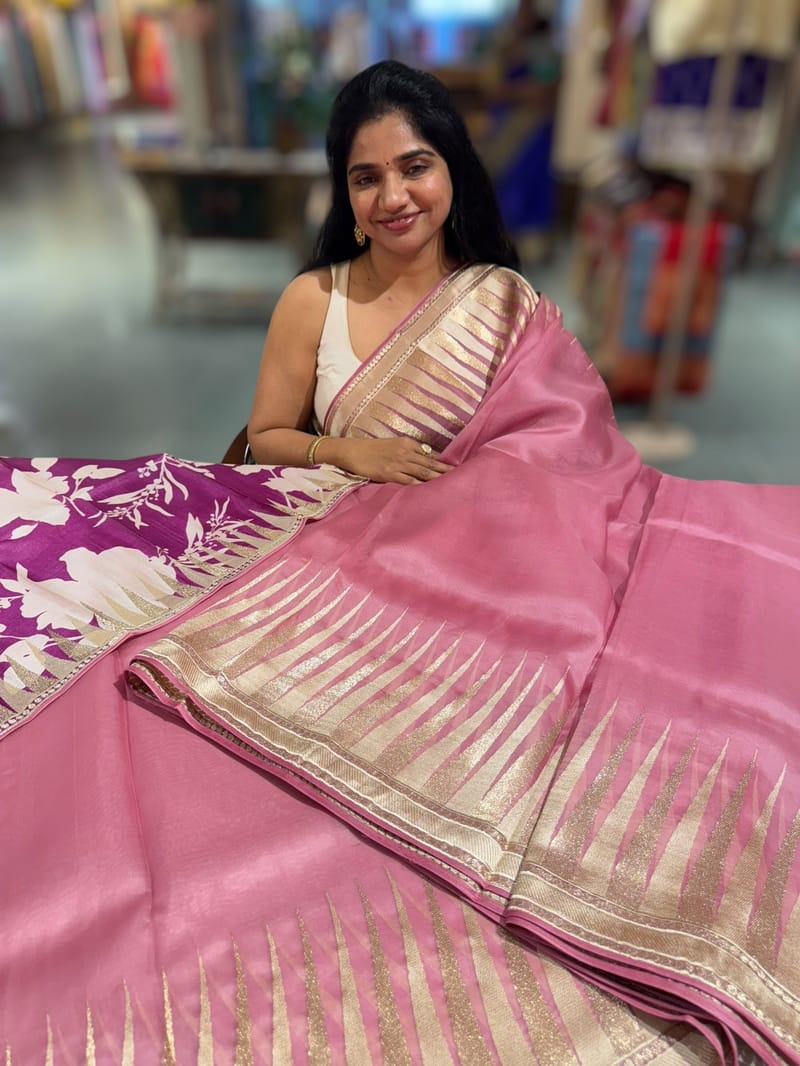 Blush Pink Pure Organza With Temple Embroidered Border & Tussar Printed Blouse SS50298