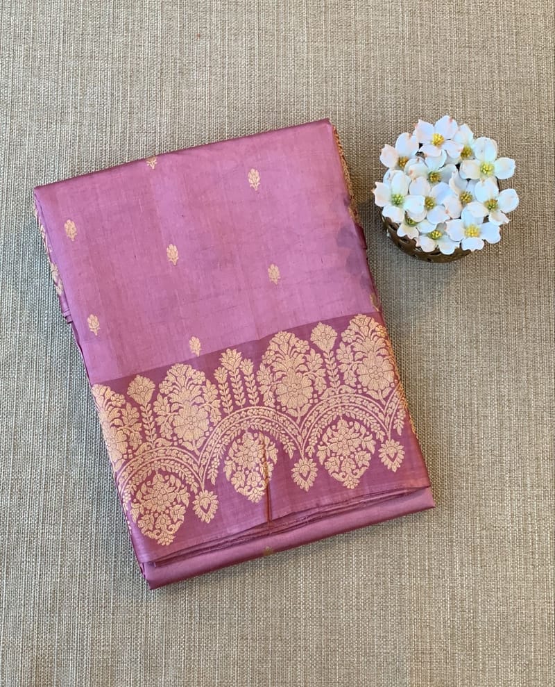 Onion Pink Poona Silk Saree with heavy weaving open Mashru border