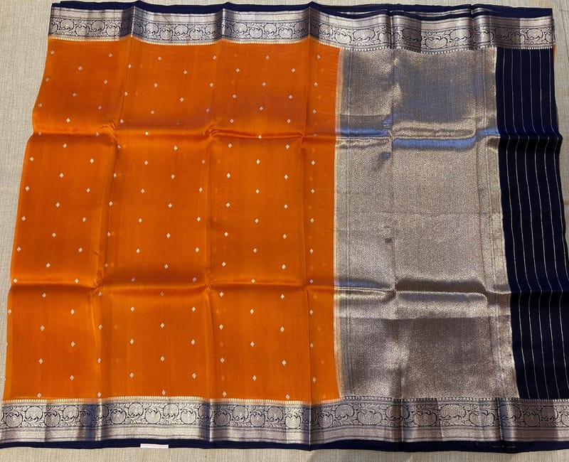 Rust with navy Combo Pure Handloom premium Kora Banarasi Saree