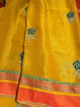 Yellow Banarasi  Tissue fusion Saree with embroidery