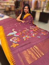 Winish Brown  Pure  handloom Ponduru Khadi jamdani Saree with swan pallu SS50362
