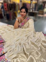 Halfwhite khaddi Chiffon Saree with allover zari weaving polka dots & Petite Point border SS50311