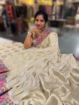 Halfwhite khaddi Chiffon Saree with allover zari weaving polka dots & Petite Point border SS50311