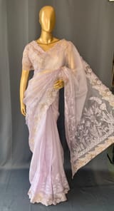Lilac Organza Saree with tissue cutwork Rose border