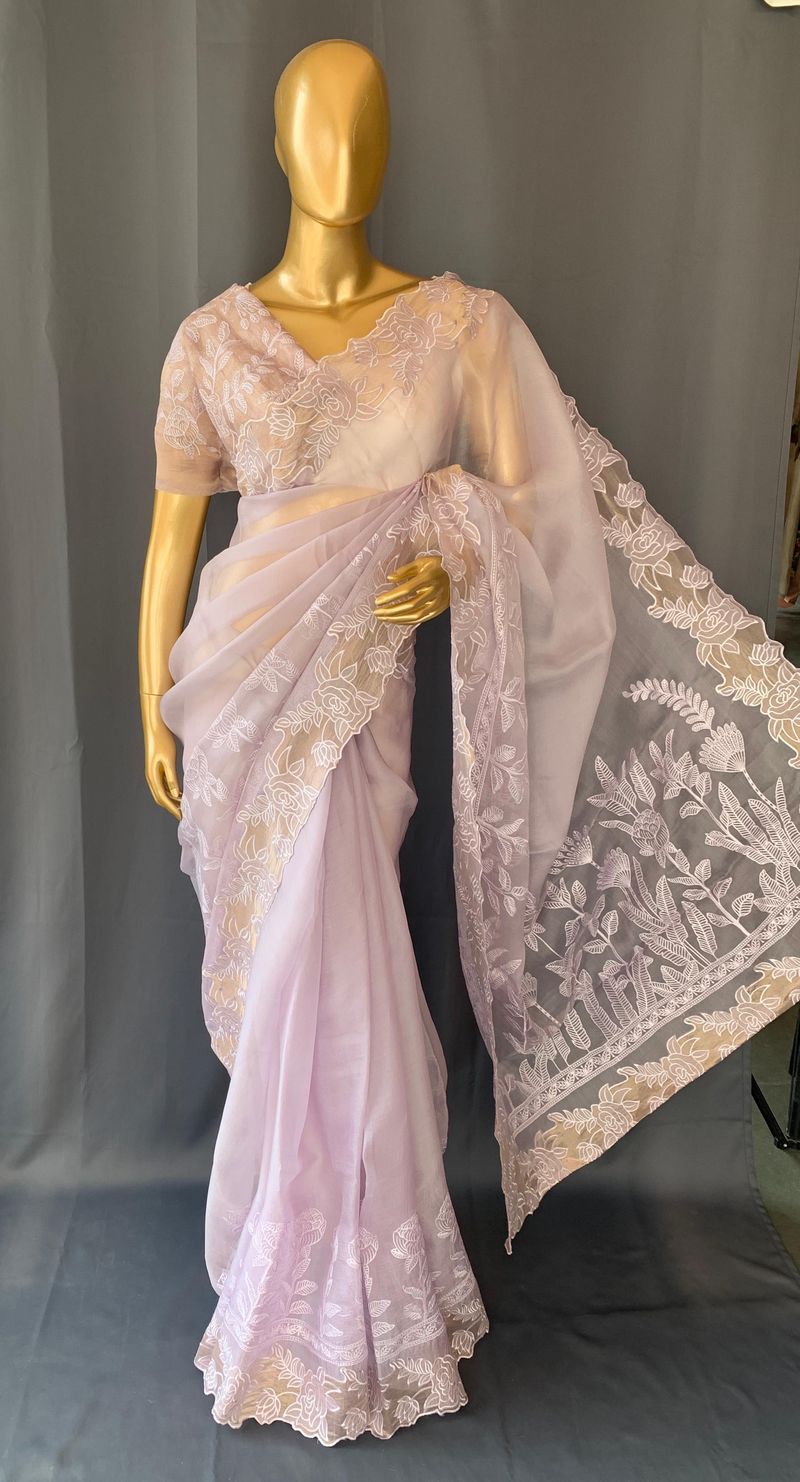 Lilac Organza Saree with tissue cutwork Rose border