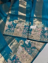 Peacock Blue Kora Tissue Stripes Saree With Jamdani  & Pichwai embroidered Border SS50481