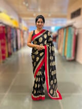 Black Crepe Silk Polka dot Saree with sabhyasachi Borders & Blouse SS50585
