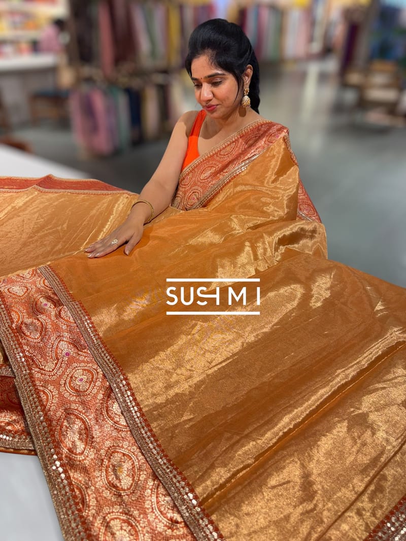 Rust Orange Fusion Banarasi Tissue Saree : S62108