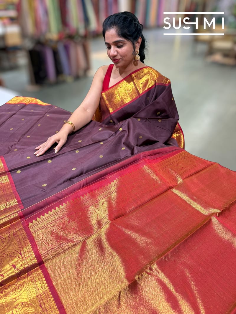 Winish Brown and Red Vintage Kanjeevaram Saree : S62F116