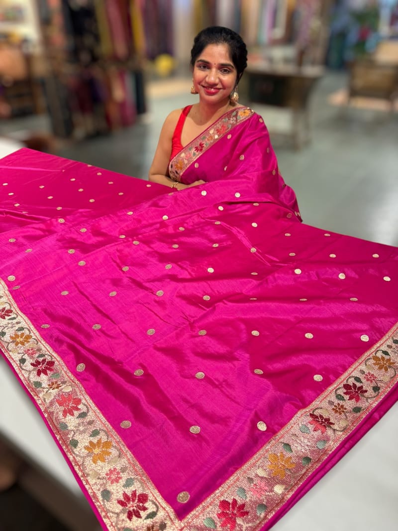 Rani Pink Kanchi soft silk saree with pythani and jamdani inspired embroidery SS50134