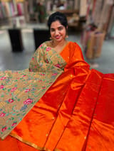 Orange Chanderi Pattu Silk Saree with Tissue allover petite point embroidered blouse SS50601