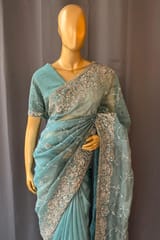 Peacock Blue Pure Organza heavy allover Handwork Saree