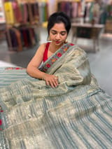 Sage Green Kora Tissue Stripes Saree with Sabhyasachi Style Embroidered Borders & Blouse