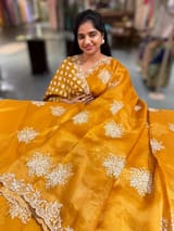 Orangish Mustard Designer Organza Handwork Saree