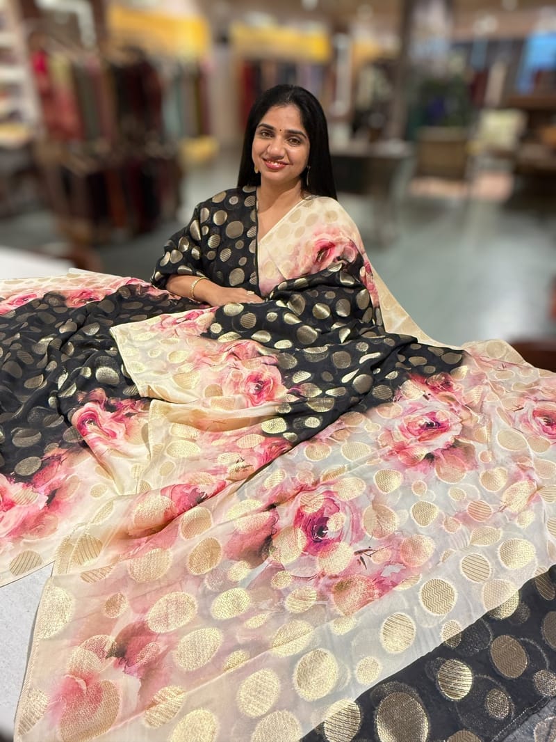 Black Banarasi Kora Gorgette Polka dot Printed Saree SS5056