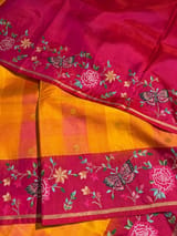 Mustard checks vintage style Kanchi Soft Silk Saree with petite point embroidered border SS50132