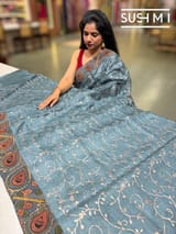 Dusty blue Silk kota and pen kalamkari fusion saree with pita emb