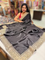 Black Pure Satin Saree with Sabhyasachi Borders SS50583