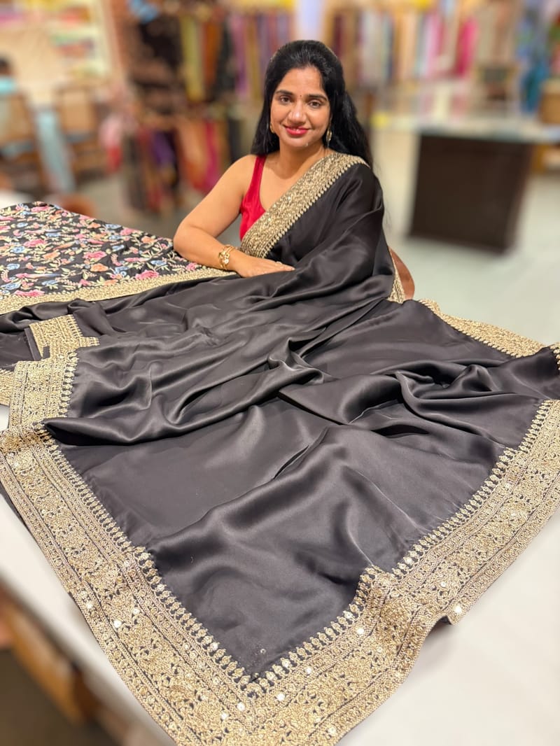 Black Pure Satin Saree with Sabhyasachi Borders SS50583