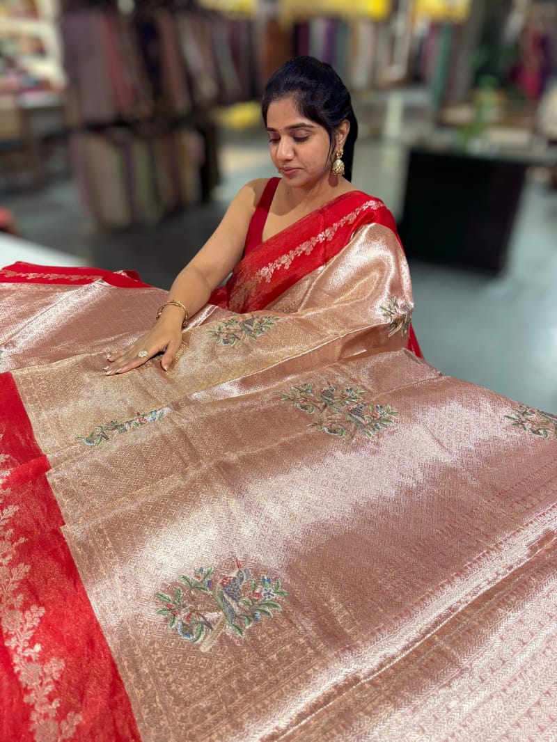 Red Banarasi Brocade Tissue with embroidery SS50222