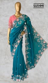 Peacock Green Pure Organza heavy handwork saree
