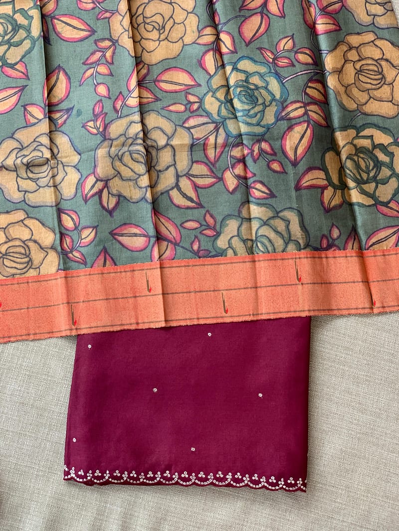 Burgundy Tussar with fusion blouse SS50458