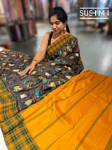 Black printed soft silk saree with burberry checks border : D62F033
