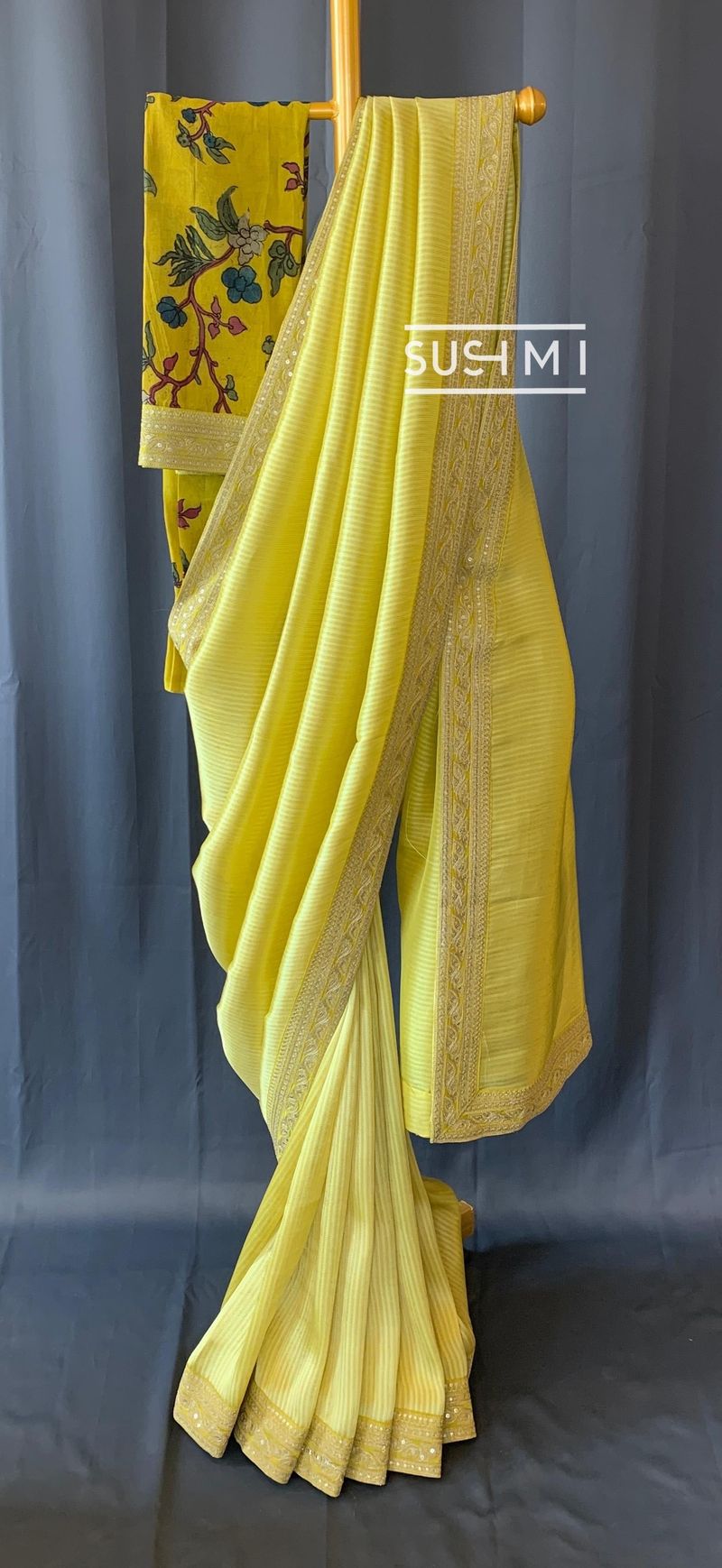 Lime yellow Banarasi tonchoi with pen kalamkari Blouse : D62F015