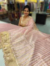 Lilac Pink Mul Tissue Stripes Saree With Tissue Cutwork  Border & Blouse