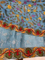 Dusty Blue Silk kota and pen kalamkari fusion saree with pita emb
