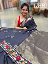 Black mysore silk with embroidered border S62F115