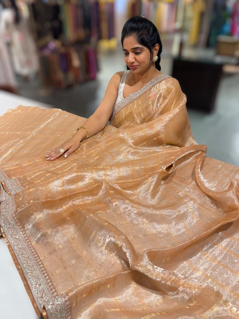 Peach Tissue checks Saree with sabhyasachi borders