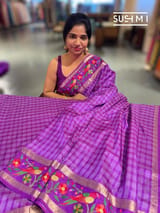 Majenta Vintage checks Kanjeevaram soft silk saree with embroidery D62F041