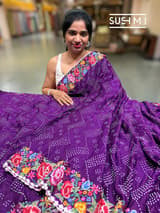 Purple Pure Gajji Silk Rai bandhej Saree with petite point embroidery