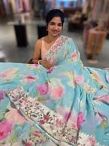 Pastel Blue  Printed georgette Saree With Tissue Embroidered Border SS5054