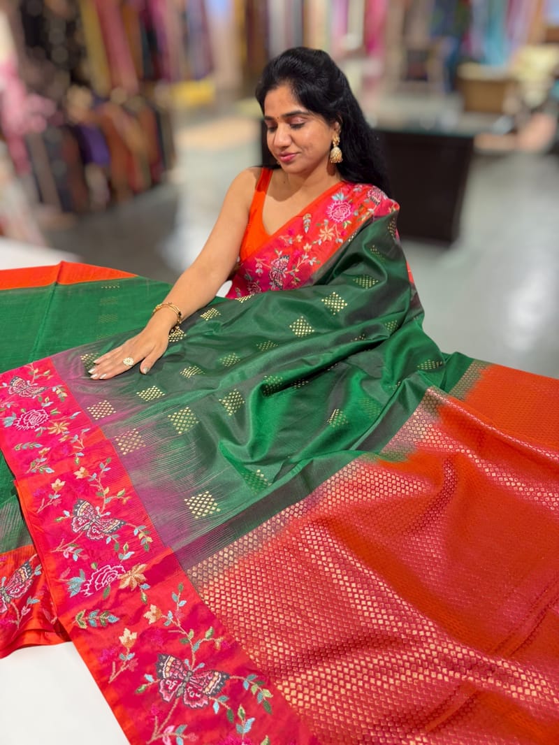 Bottle Green Kanchi Soft Silk Saree with petite point embroidered border SS50131
