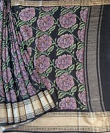 Black Pure Handloom Chiniya Silk Saree with stunning Floral Print and zari borders SS50100