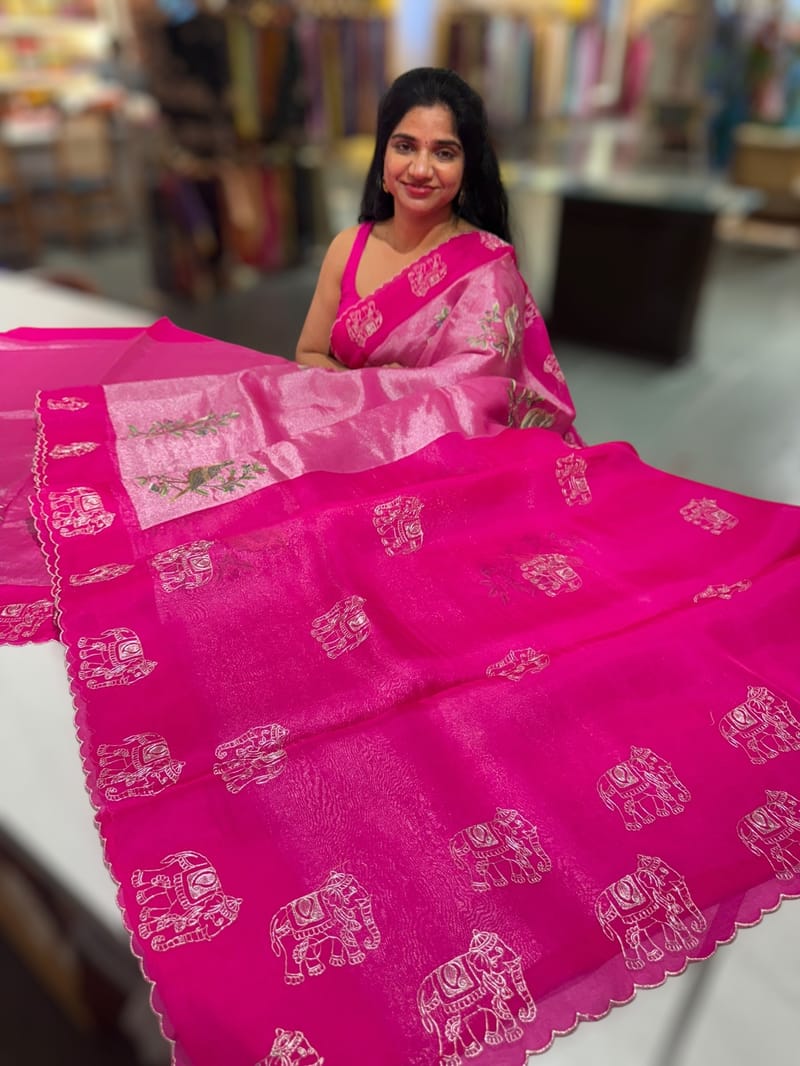 Rani pink Premium Handloom Designer Tissue saree with exquisite embroidery