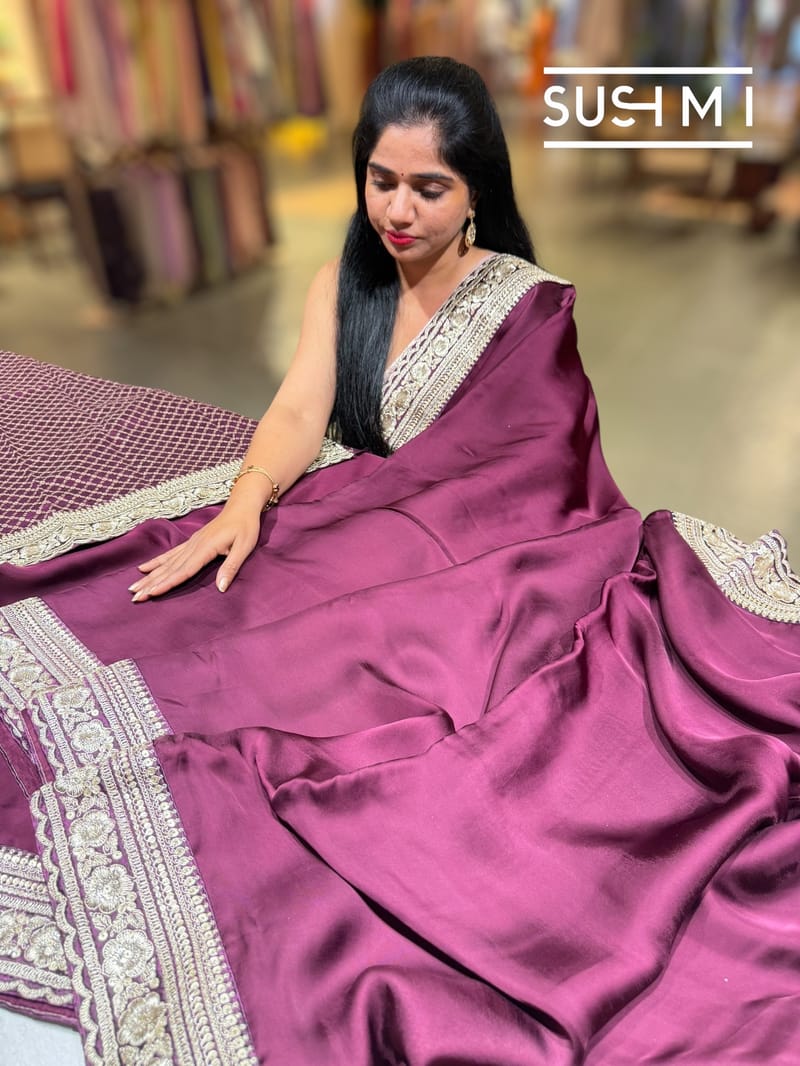 Wine Satin Saree with sabyasachi borders : D62F049