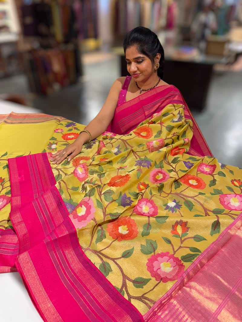 Lemon Yellow Tissue Gorgette Fusion Saree with vidarbha Borders